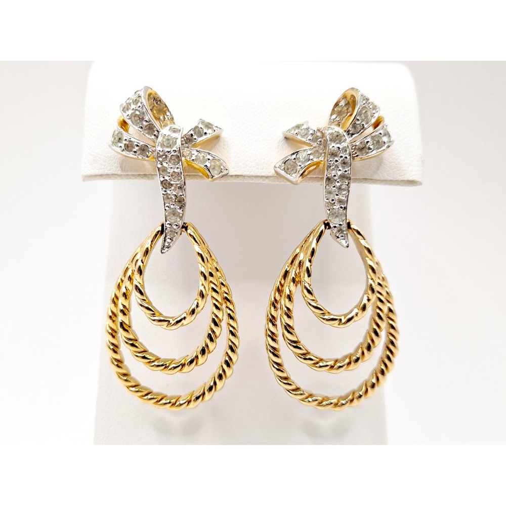 Vintage Rhinestone Clip On Earrings Goldtone Bow Triple Hoop Design